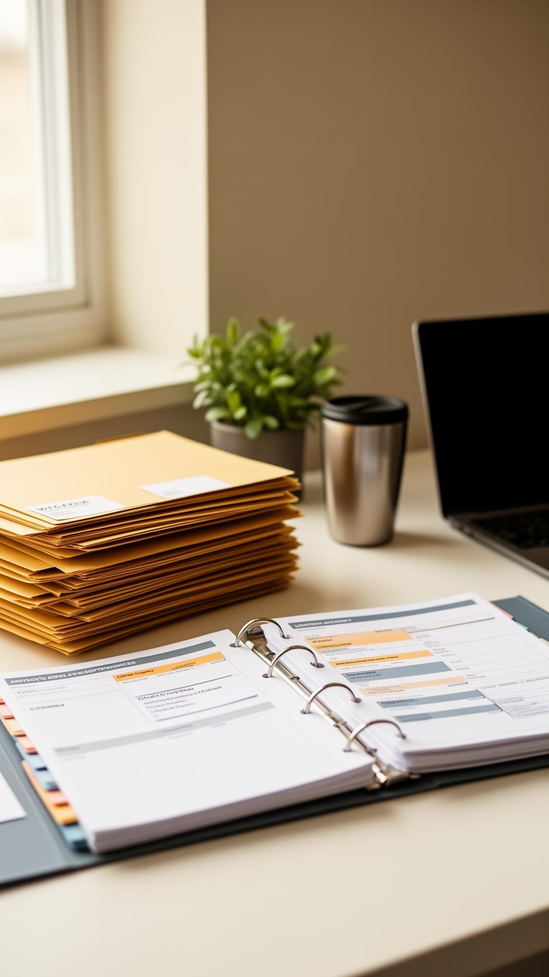 Organized small business back-office with labeled folders, a binder of records, and a laptop